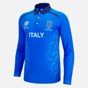 Camisas de jogo com manguitos da Federação Italiana de Críquete para o Campeonato do Mundo de 2026 Camisas de jogo com manguitos da Federação Italiana de Críquete para o Campeonato do Mundo de 2026