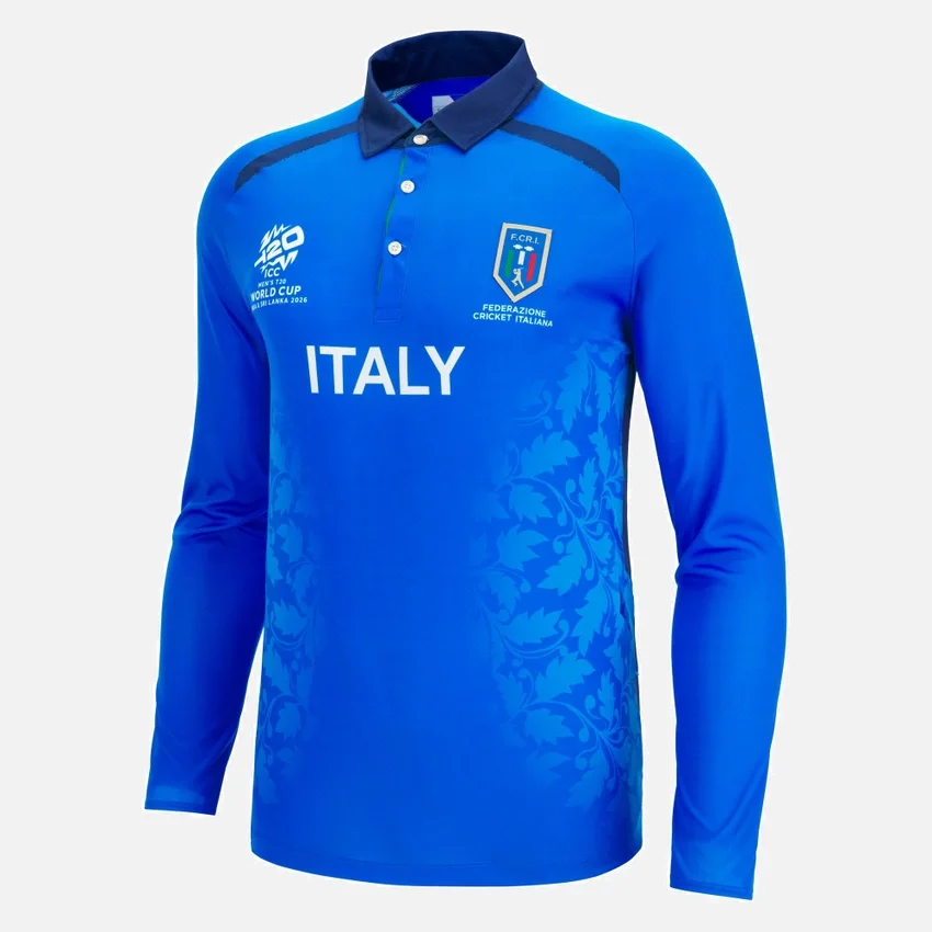 Camisas de jogo com manguitos da Federação Italiana de Críquete para o Campeonato do Mundo de 2026 Camisas de jogo com manguitos da Federação Italiana de Críquete para o Campeonato do Mundo de 2026