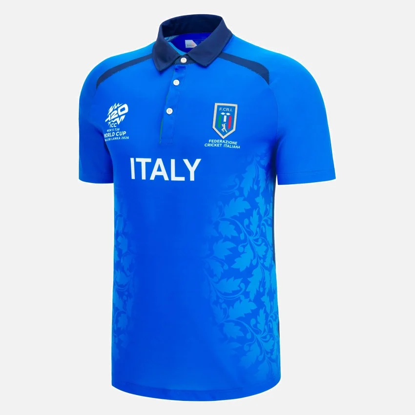 Camisas de jogo masculinas da Federação Italiana de Críquete para o Campeonato do Mundo de 2026 Camisas de jogo masculinas da Federação Italiana de Críquete para o Campeonato do Mundo de 2026