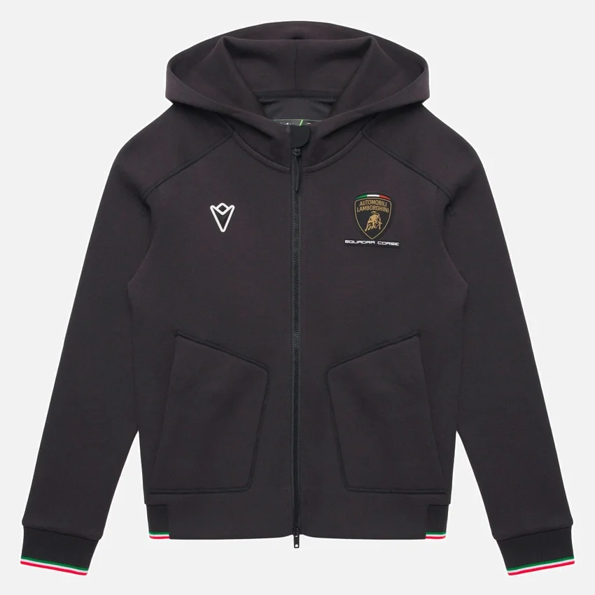 Camisola com capuz e fecho completo tricolor preta para criança da Automobili Lamborghini Squadra Corse Camisola com capuz e fecho completo tricolor preta para criança da Automobili Lamborghini Squadra Corse