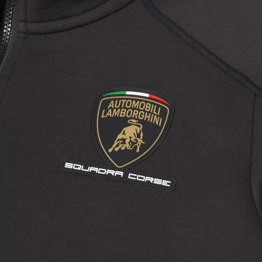 Camisola com capuz e fecho completo tricolor preta para criança da Automobili Lamborghini Squadra Corse Camisola com capuz e fecho completo tricolor preta para criança da Automobili Lamborghini Squadra Corse