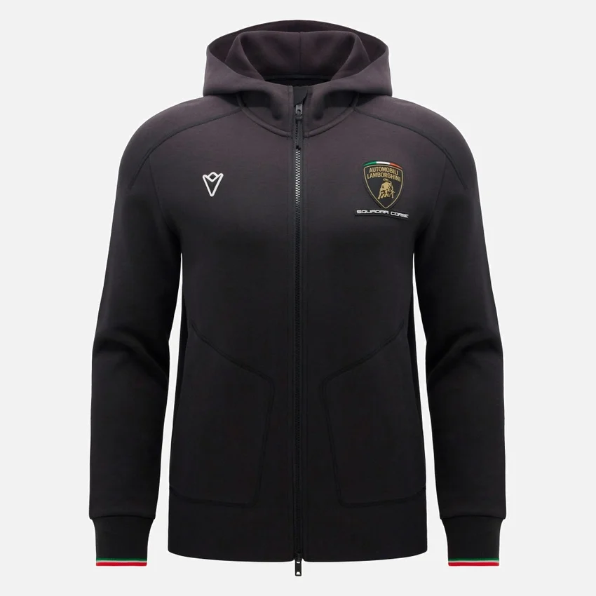 Camisola com capuz e fecho completo tricolor preta para homem da Automobili Lamborghini Squadra Corse Camisola com capuz e fecho completo tricolor preta para homem da Automobili Lamborghini Squadra Corse