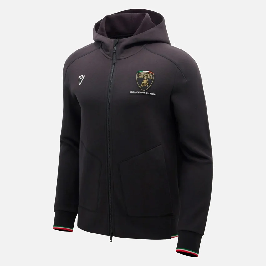 Camisola com capuz e fecho completo tricolor preta para homem da Automobili Lamborghini Squadra Corse Camisola com capuz e fecho completo tricolor preta para homem da Automobili Lamborghini Squadra Corse