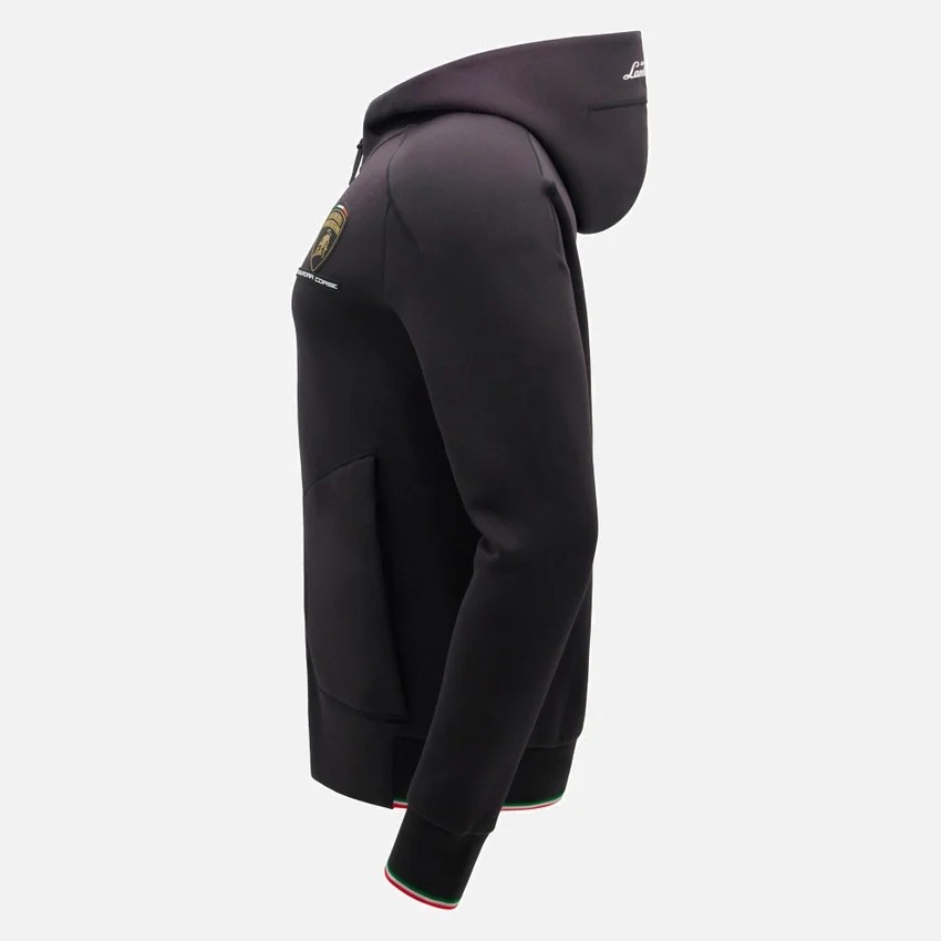Camisola com capuz e fecho completo tricolor preta para homem da Automobili Lamborghini Squadra Corse Camisola com capuz e fecho completo tricolor preta para homem da Automobili Lamborghini Squadra Corse