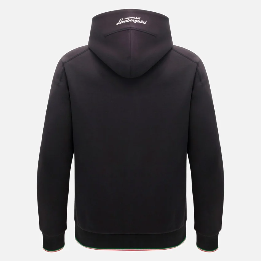 Camisola com capuz e fecho completo tricolor preta para homem da Automobili Lamborghini Squadra Corse Camisola com capuz e fecho completo tricolor preta para homem da Automobili Lamborghini Squadra Corse