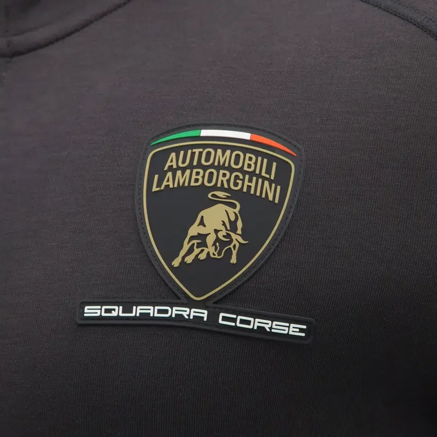 Camisola com capuz e fecho completo tricolor preta para homem da Automobili Lamborghini Squadra Corse Camisola com capuz e fecho completo tricolor preta para homem da Automobili Lamborghini Squadra Corse