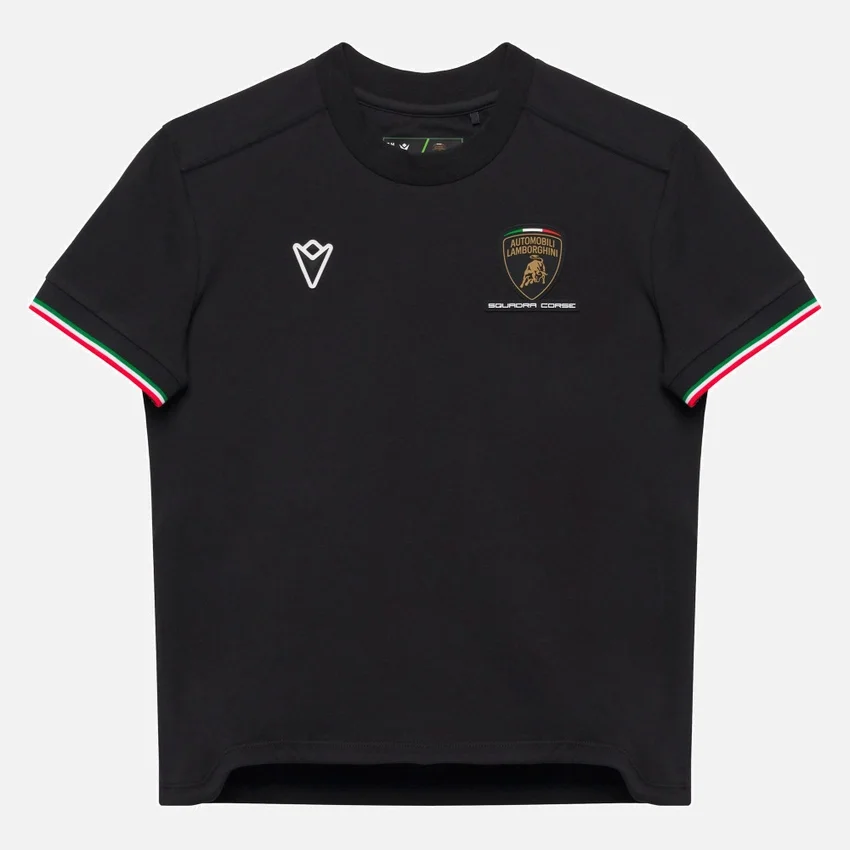 T-shirt desportiva tricolor preta para criança da Automobili Lamborghini Squadra Corse T-shirt desportiva tricolor preta para criança da Automobili Lamborghini Squadra Corse