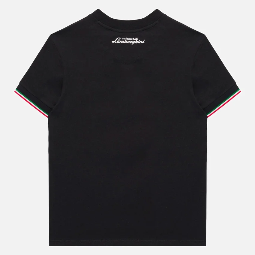 T-shirt desportiva tricolor preta para criança da Automobili Lamborghini Squadra Corse T-shirt desportiva tricolor preta para criança da Automobili Lamborghini Squadra Corse