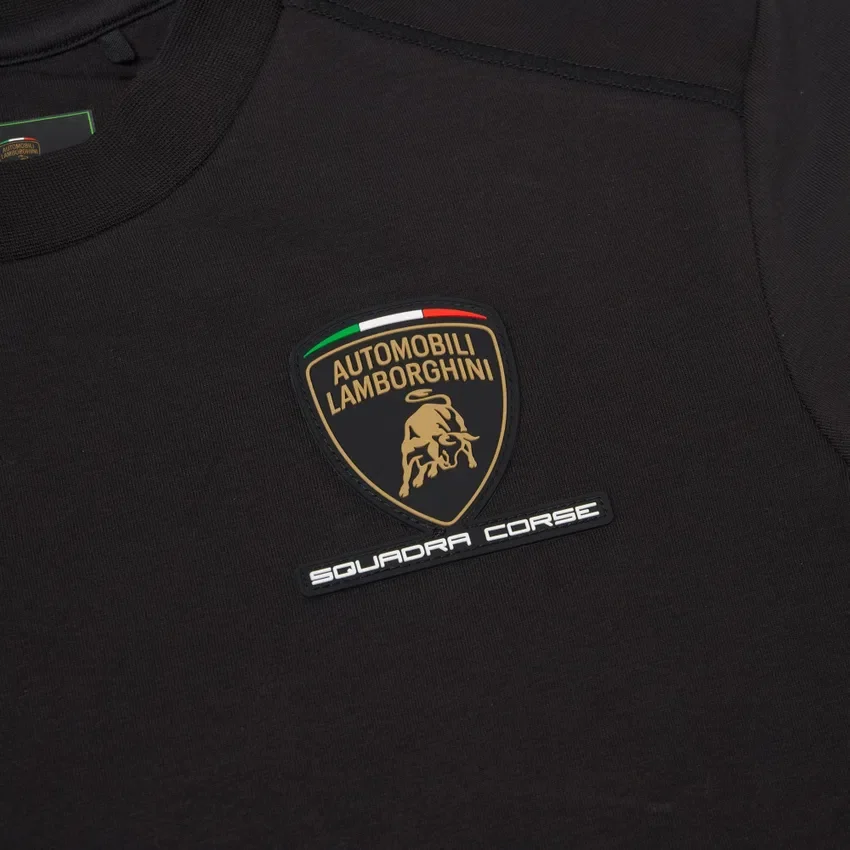 T-shirt desportiva tricolor preta para criança da Automobili Lamborghini Squadra Corse T-shirt desportiva tricolor preta para criança da Automobili Lamborghini Squadra Corse