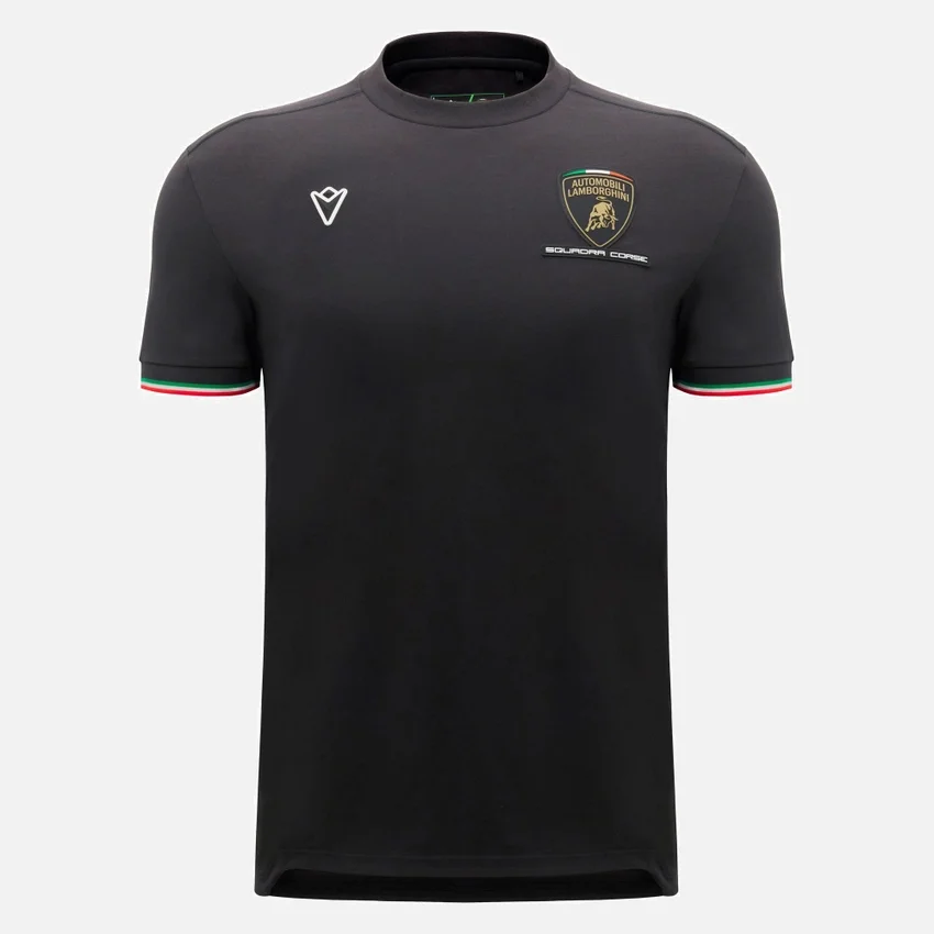T-shirt desportiva tricolor preta para homem da Automobili Lamborghini Squadra Corse T-shirt desportiva tricolor preta para homem da Automobili Lamborghini Squadra Corse