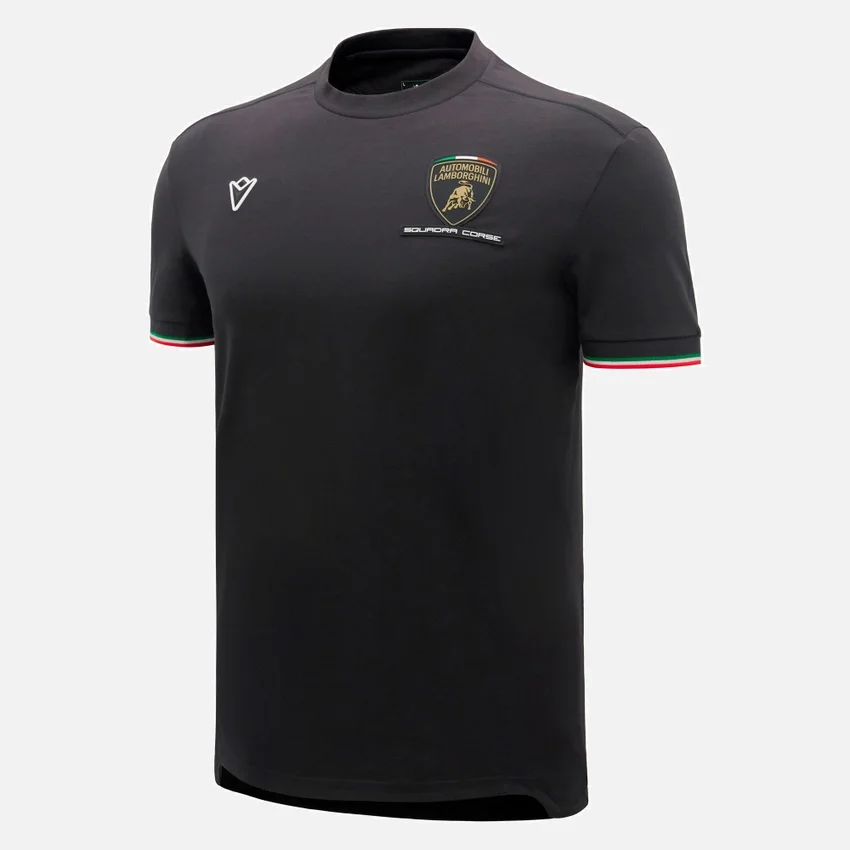 T-shirt desportiva tricolor preta para homem da Automobili Lamborghini Squadra Corse T-shirt desportiva tricolor preta para homem da Automobili Lamborghini Squadra Corse